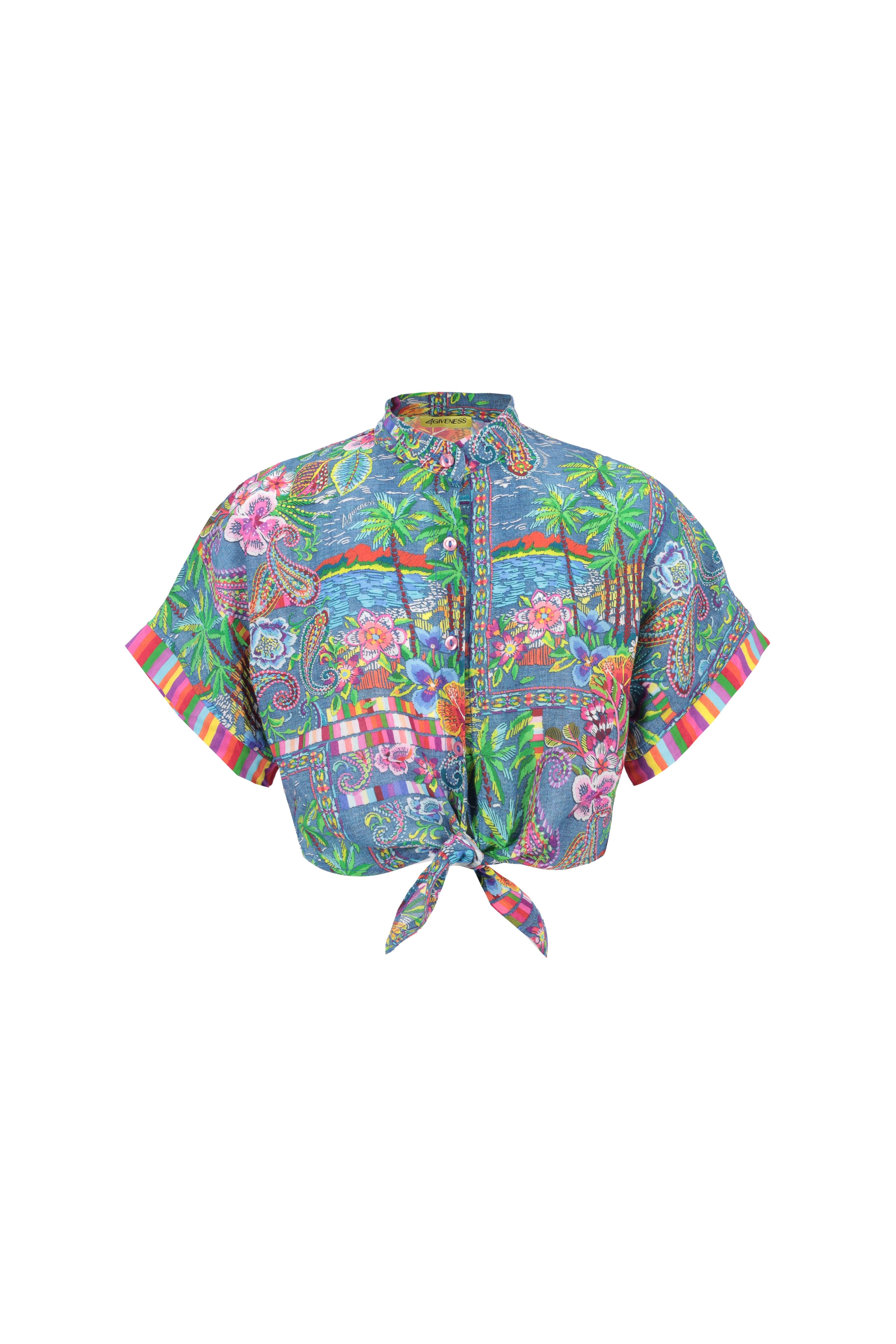 CAMICIA CROP CON NODO  IN MUSSOLA FANTASIA