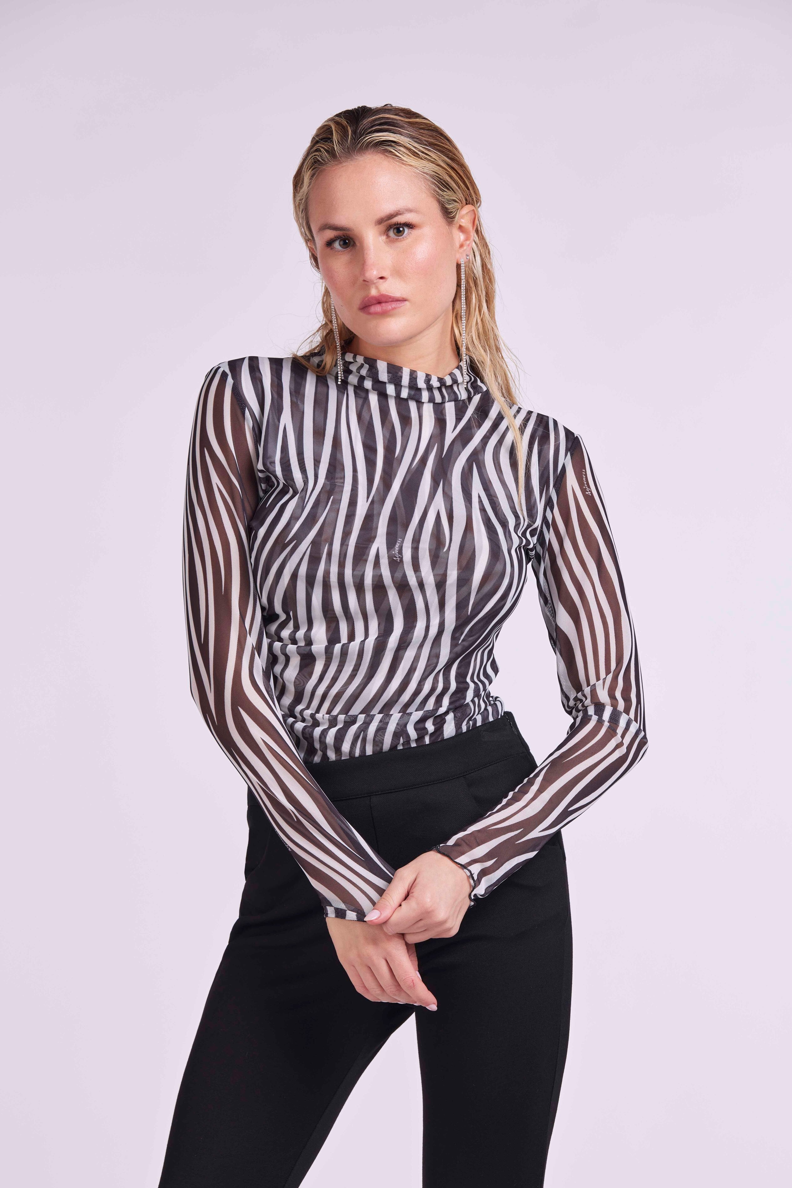 Long sleeve tape shirt in elastic tulle