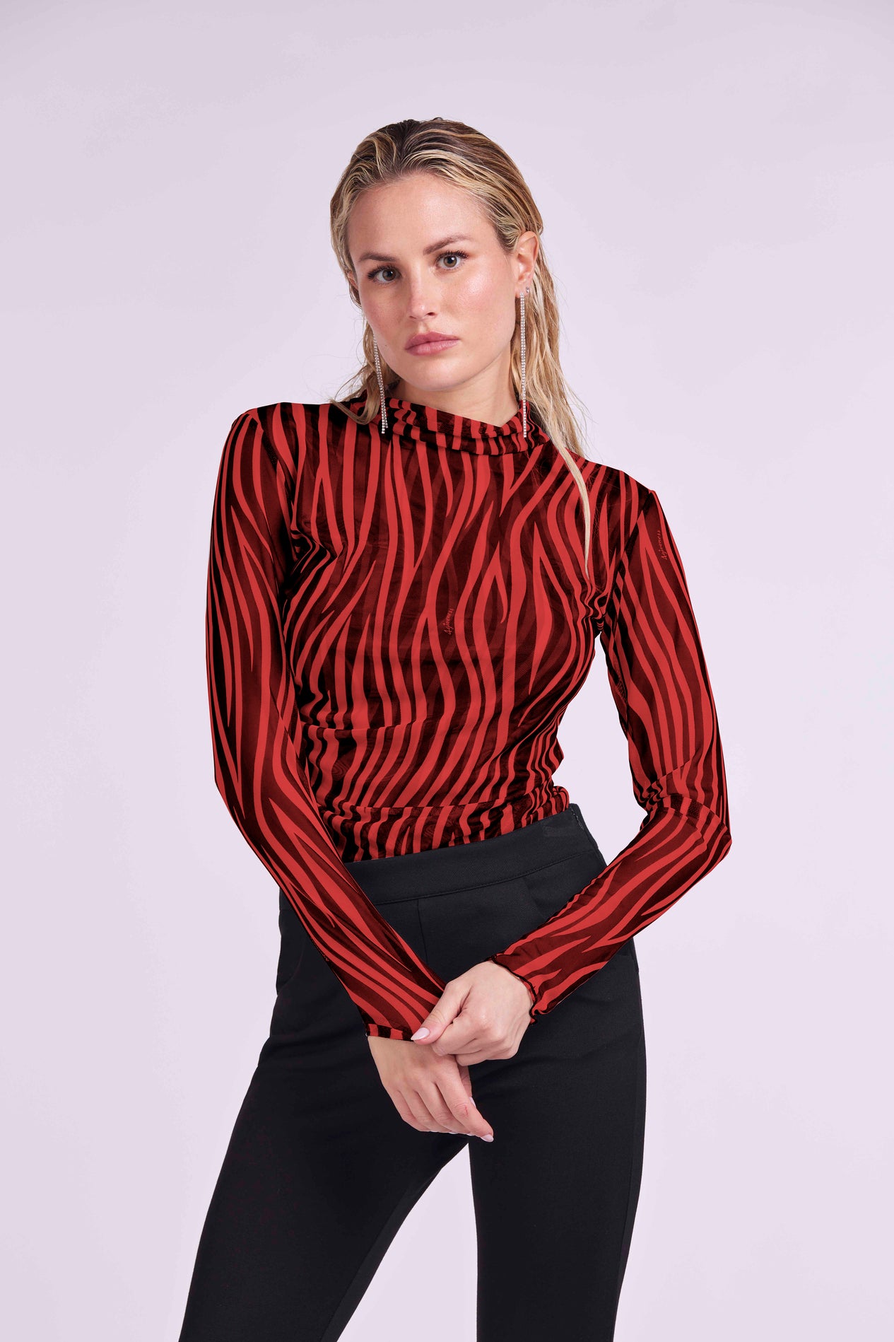 Long sleeve tape shirt in elastic tulle
