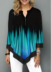 Modlily 3/4 Sleeve Split Neck Button Detail Front Asymmetric Hem Ombre Green Tunic Top Blouse - S