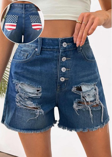 Modlily American Flag Denim Blue Straight Leg Button Fly Shorts - L