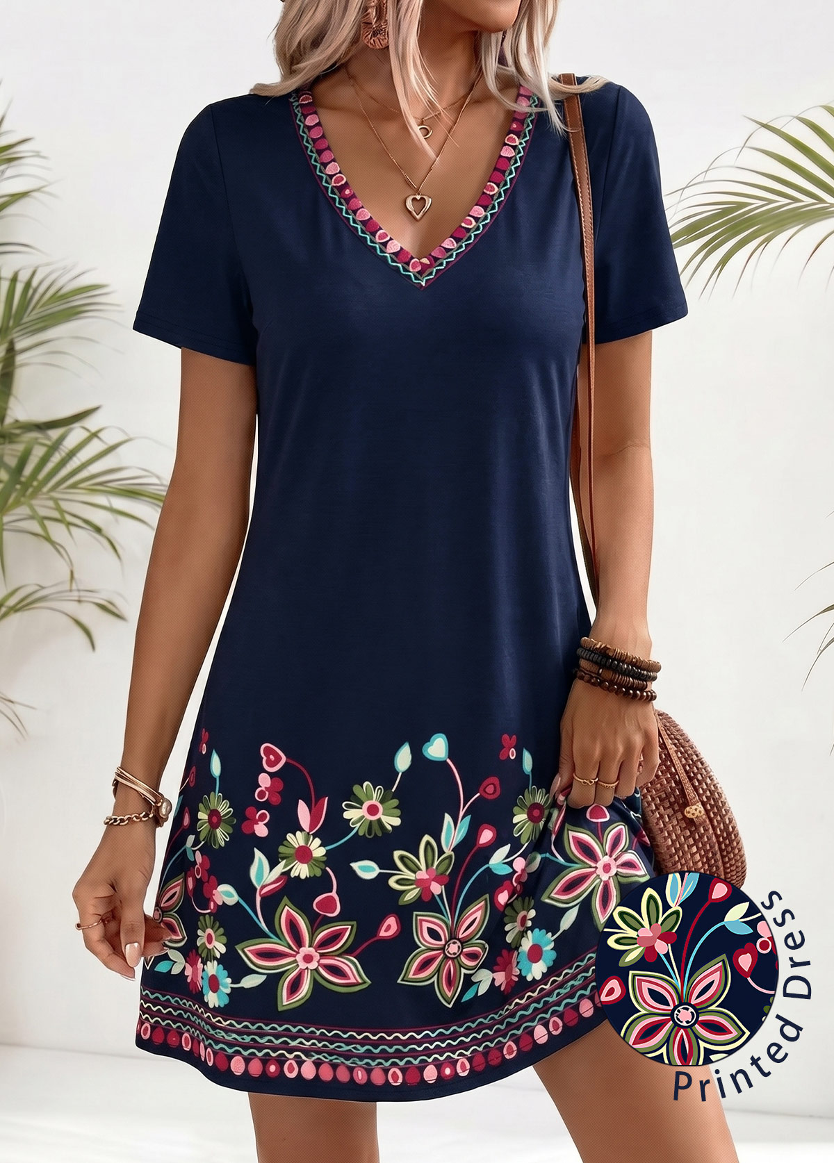 Modlily American Flag Navy Floral Print Short Tummy Coverage Dress - S