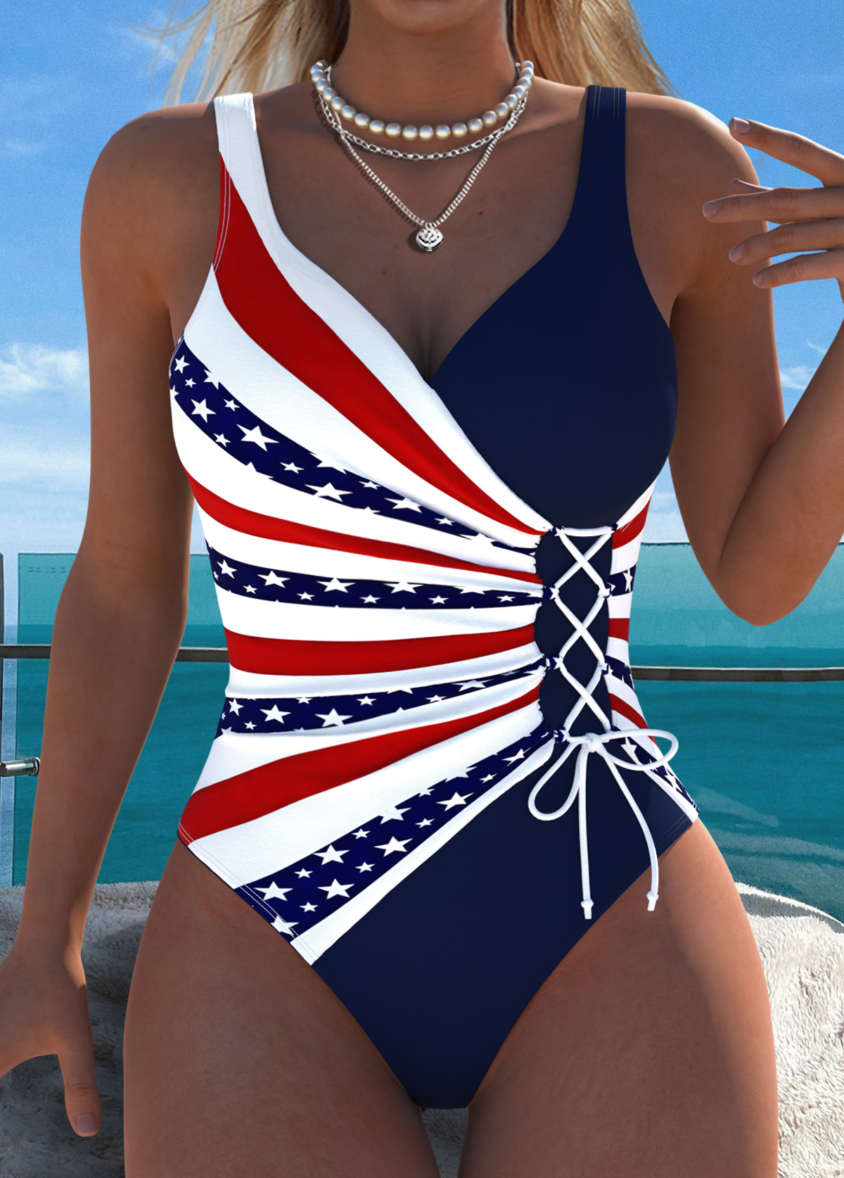 Modlily American Flag Navy Patchwork One Piece Swimwear - S