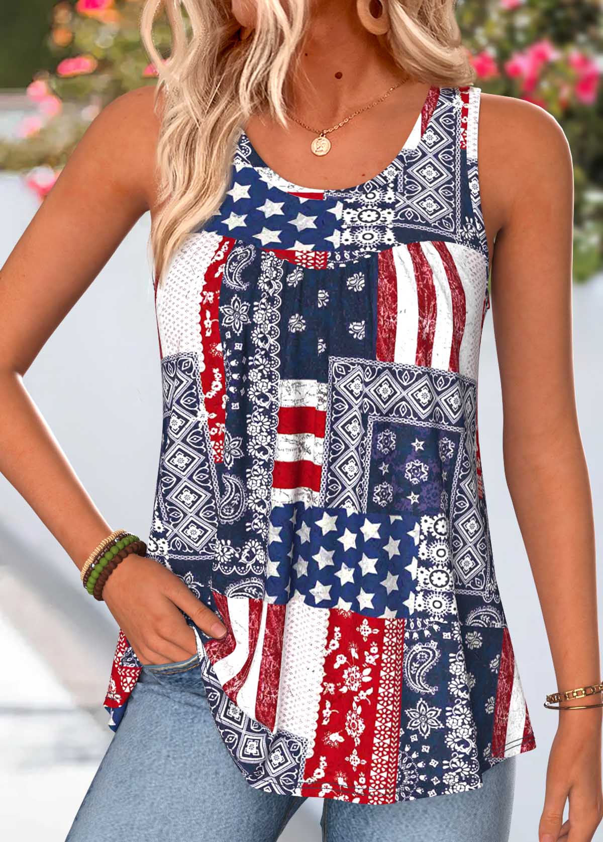 Modlily American Flag Navy Tribal Print Curved Hem Tank Top - S
