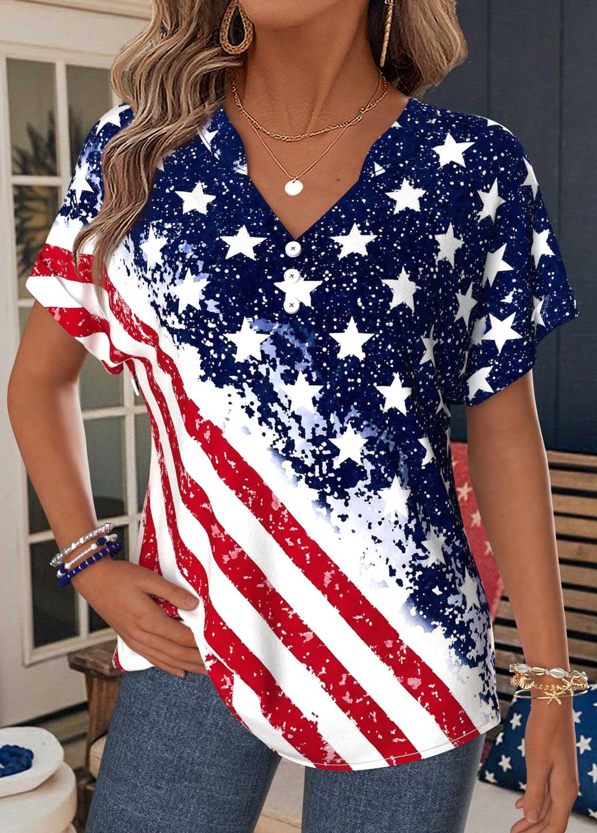 Modlily American Flag Plus Size Red Tummy Coverage T Shirt - 3X