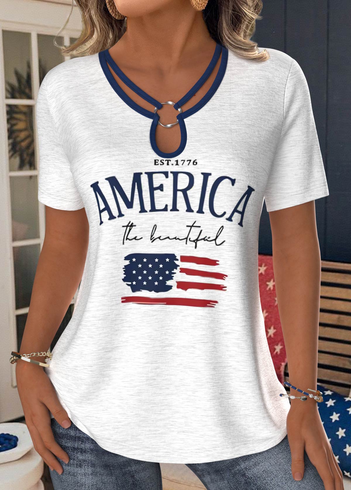 Modlily American Flag White Short Sleeve T Shirt - S