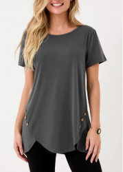 Modlily Asymmetric Hem Dark Grey Decorative Button T Shirt - S