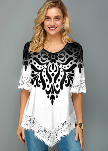 Modlily Asymmetric Hem Lace Trim Printed T Shirt - S