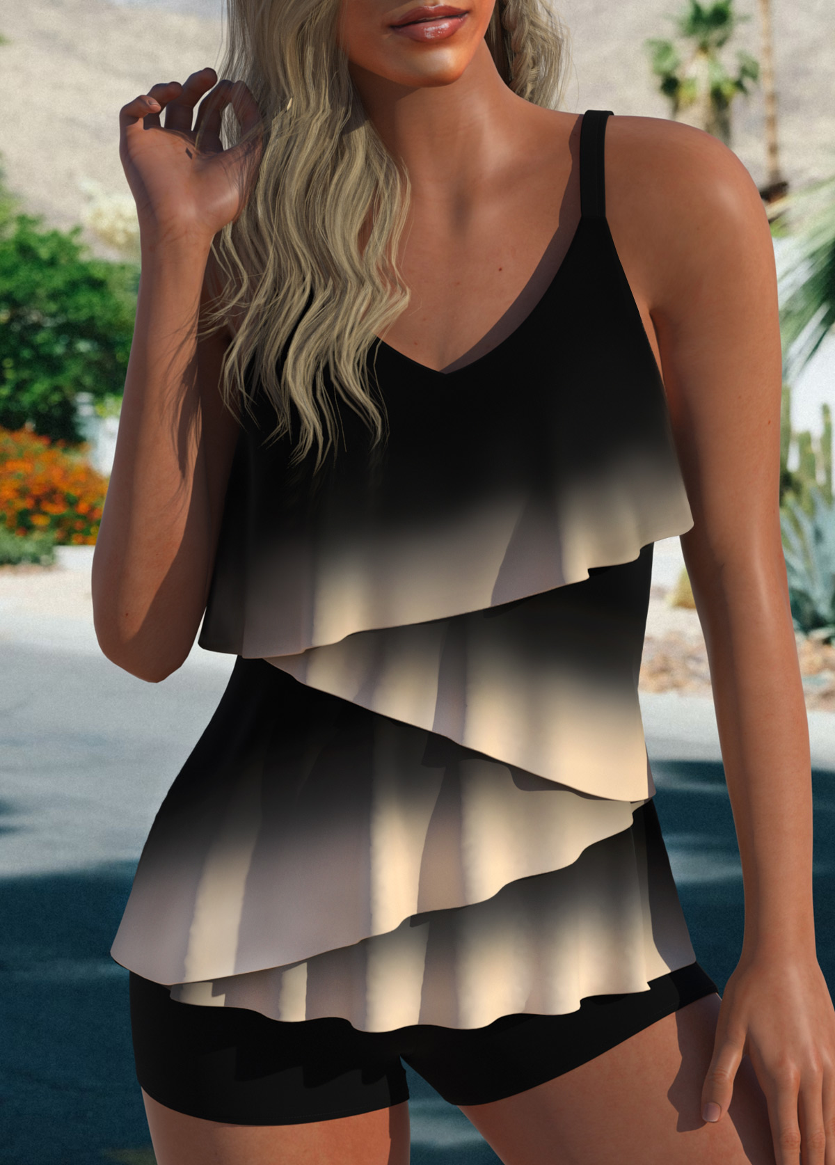 Modlily Asymmetry Layered Ombre Black Tankini Top - S