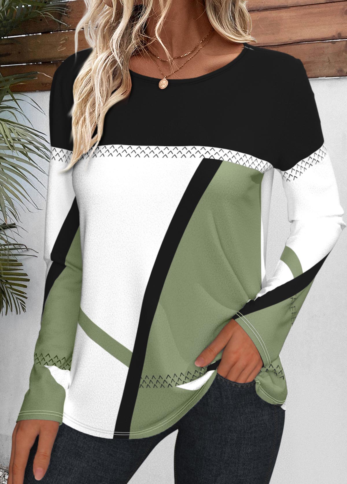 Modlily Avocado Green Patchwork Geometric Print Long Sleeve T Shirt - M