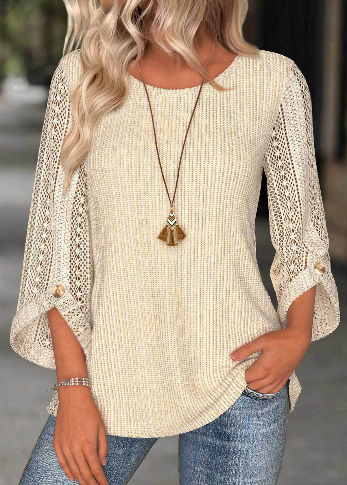 Modlily Beige 3/4 Sleeve Round Neck Blouse - S