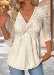 Modlily Beige 3/4 Sleeve V Neck T Shirt - S