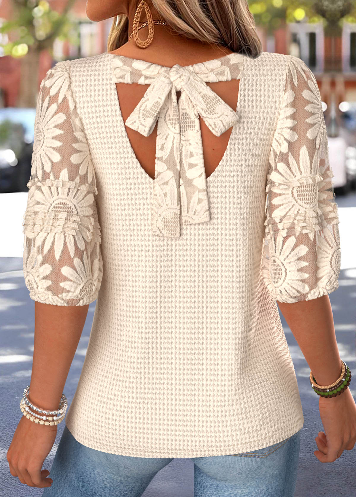 Modlily Beige Bowknot Half Sleeve Round Neck T Shirt - M