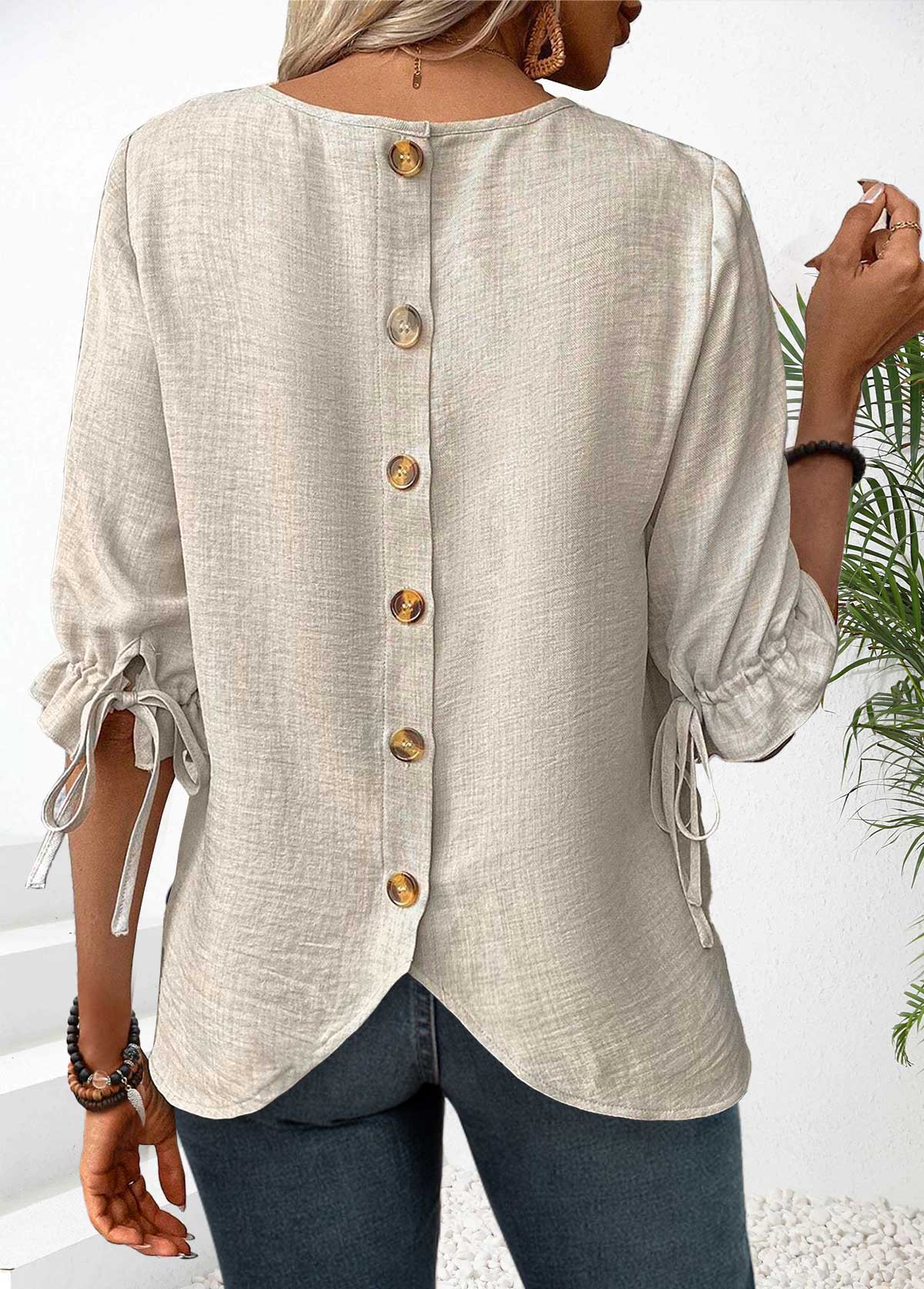 Modlily Beige Button Half Sleeve Round Neck Blouse - XXL