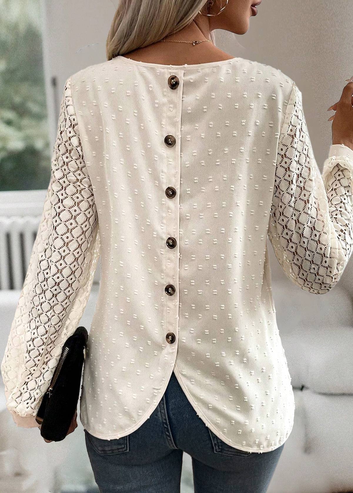 Modlily Beige Button Long Sleeve Round Neck Blouse - XL