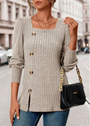 Modlily Beige Button Long Sleeve Square Neck T Shirt - XL