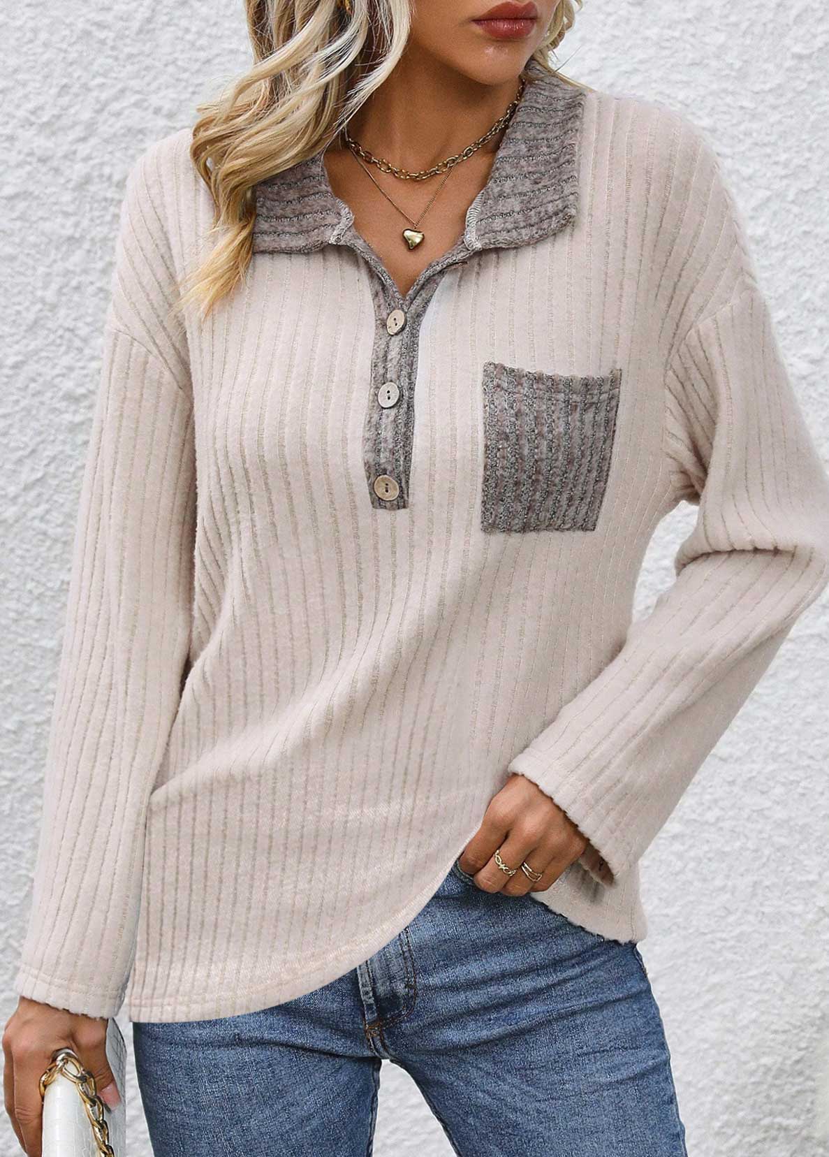 Modlily Beige Button Long Sleeve Turn Down Collar Sweatshirt - M