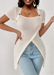 Modlily Beige Button Short Sleeve Square Neck T Shirt - L