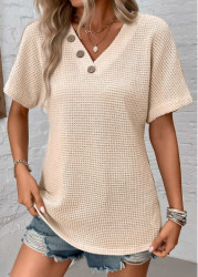 Modlily Beige Button Short Sleeve V Neck Blouse - M