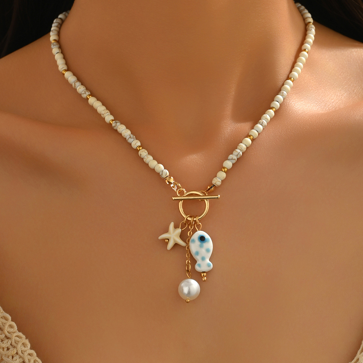 Modlily Beige Color Round Glass Detail Necklace - One Size