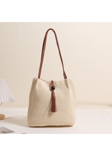 Modlily Beige Cotton Magnetic Tassel Shoulder Bag - One Size