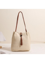 Modlily Beige Cotton Magnetic Tassel Shoulder Bag - One Size