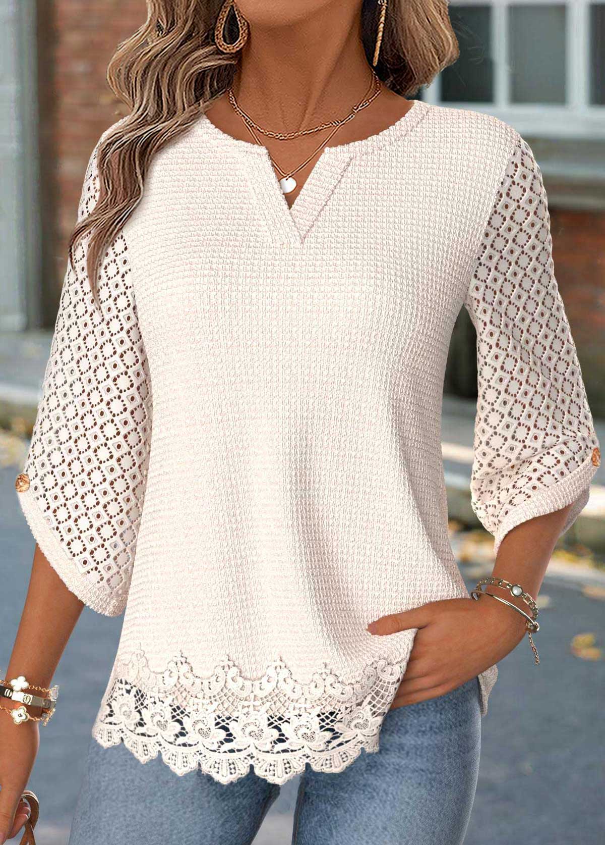 Modlily Beige Curved Hem 3/4 Sleeve Split Neck Blouse - S