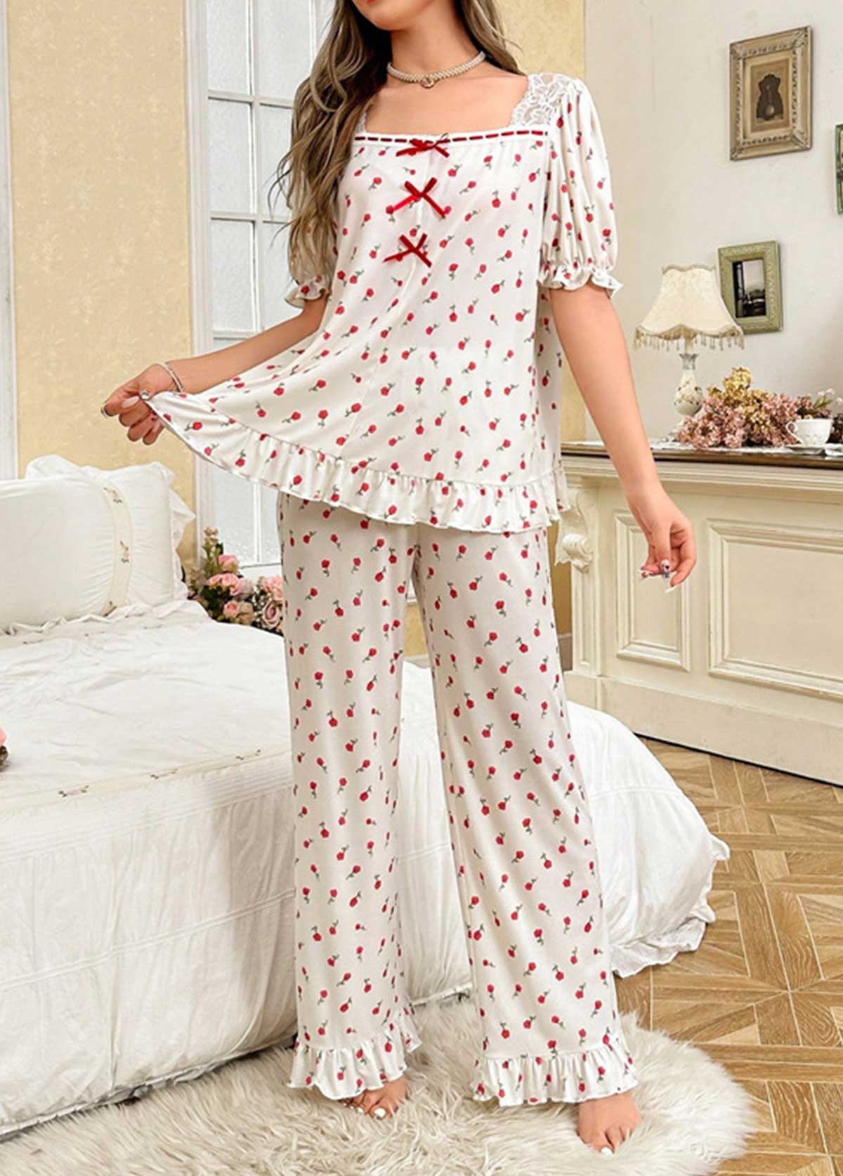Modlily Beige Ditsy Floral Print Lounge Top and Pants - S
