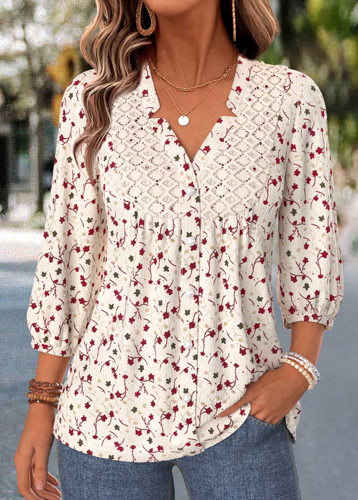 Modlily Beige Ditsy Floral Print Shirred 3/4 Sleeve Blouse - M
