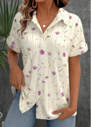 Modlily Beige Ditsy Floral Print Short Sleeve Shirt Collar Blouse - S