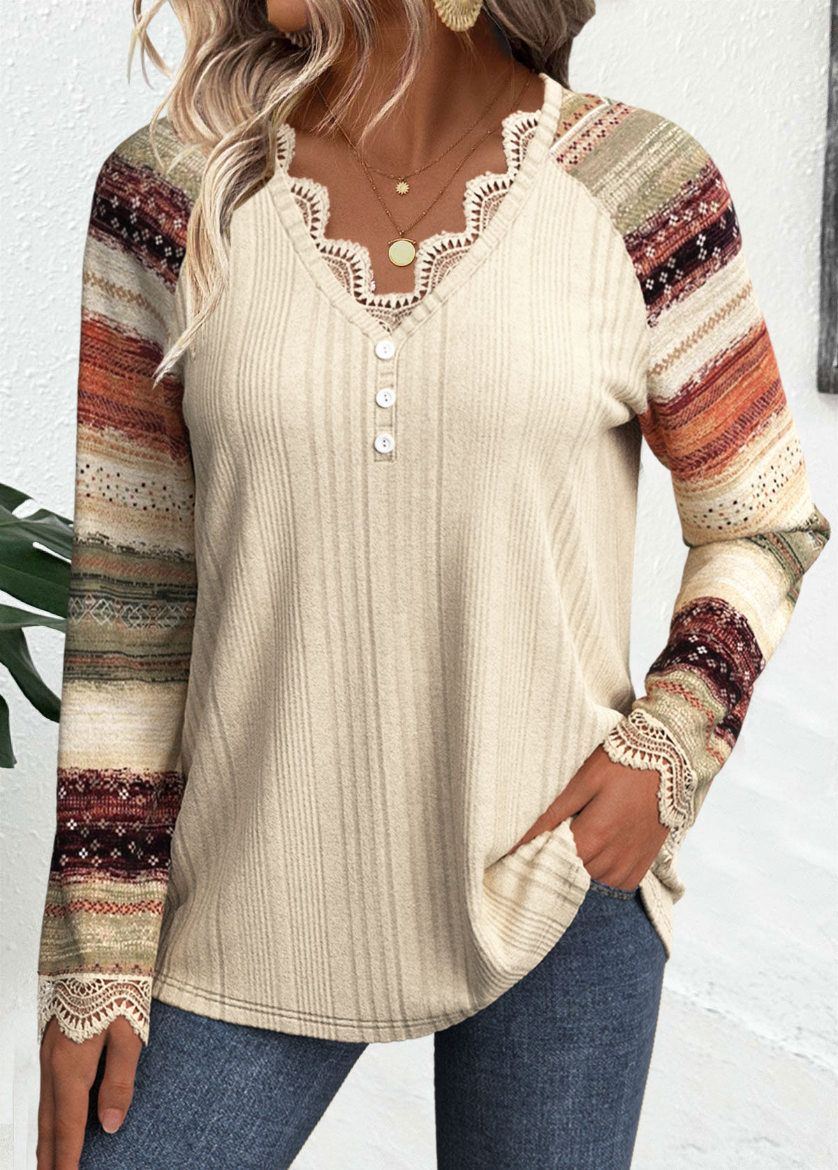 Modlily Beige Embroidery Striped Long Sleeve V Neck T Shirt - XXL
