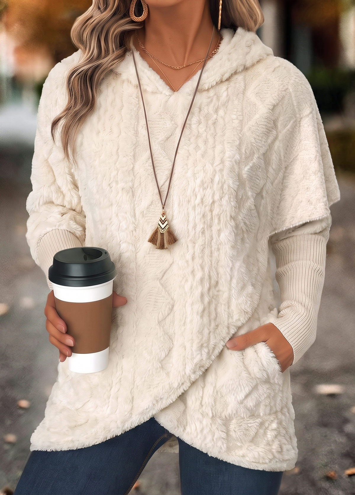 Modlily Beige Fake 2in1 Long Sleeve Hoodie - M