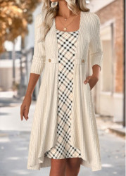 Modlily Beige Fake 2in1 Plaid Short Long Sleeve Dress - M
