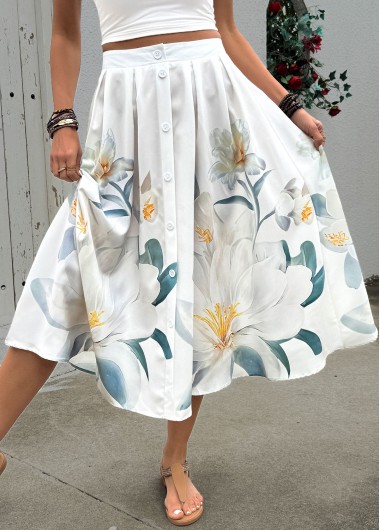 Modlily Beige Floral Print A Line Elastic Waist Skirt - XL