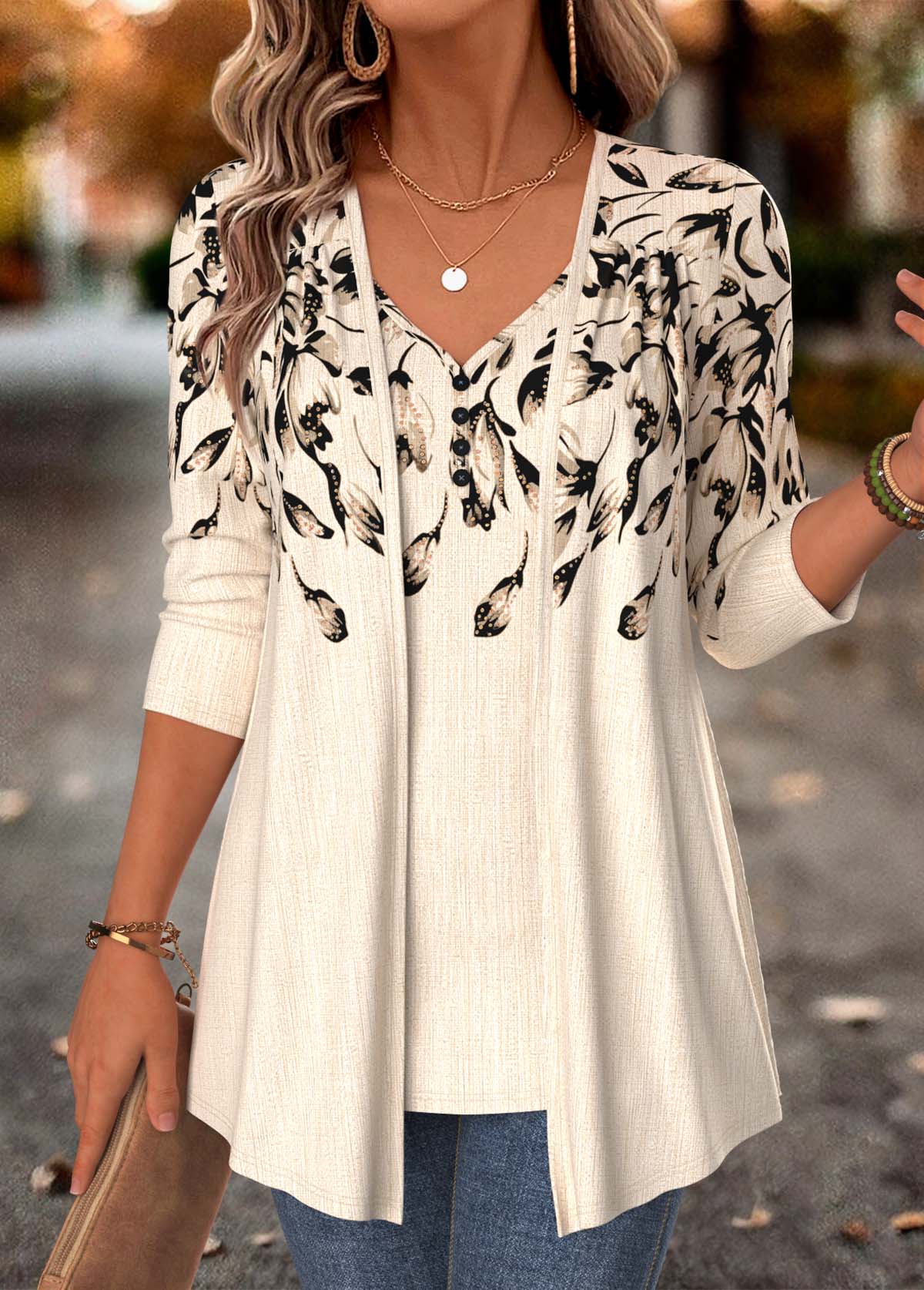 Modlily Beige Floral Print Fake Two Piece Twinset - M