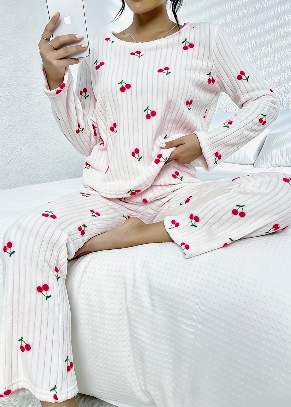 Modlily Beige Fruit Printing Long Sleeve Lounge Top and Pants - S