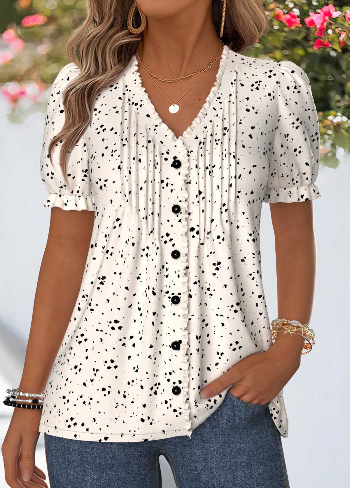 Modlily Beige Geometric Print Frill Short Sleeve T Shirt - M