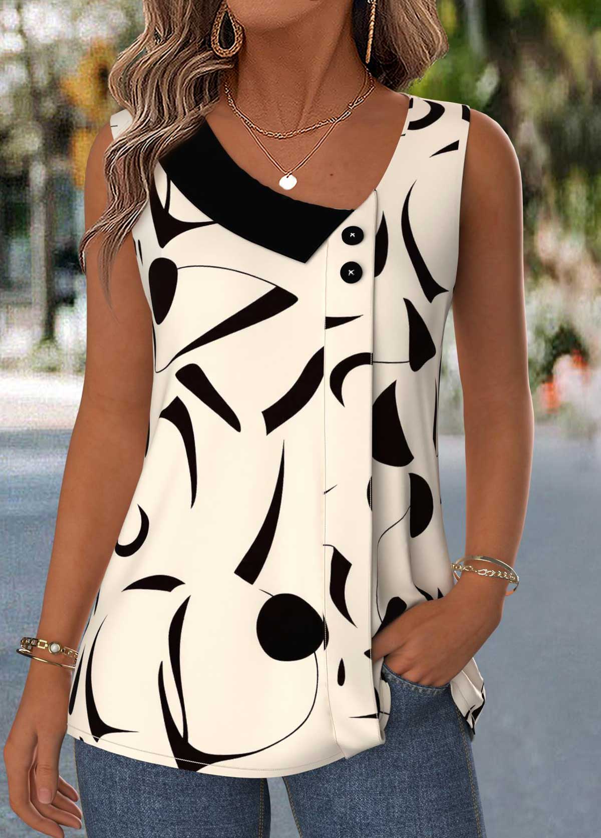 Modlily Beige Geometric Print Patchwork Sleeveless Asymmetrical Neck Tank Top - M