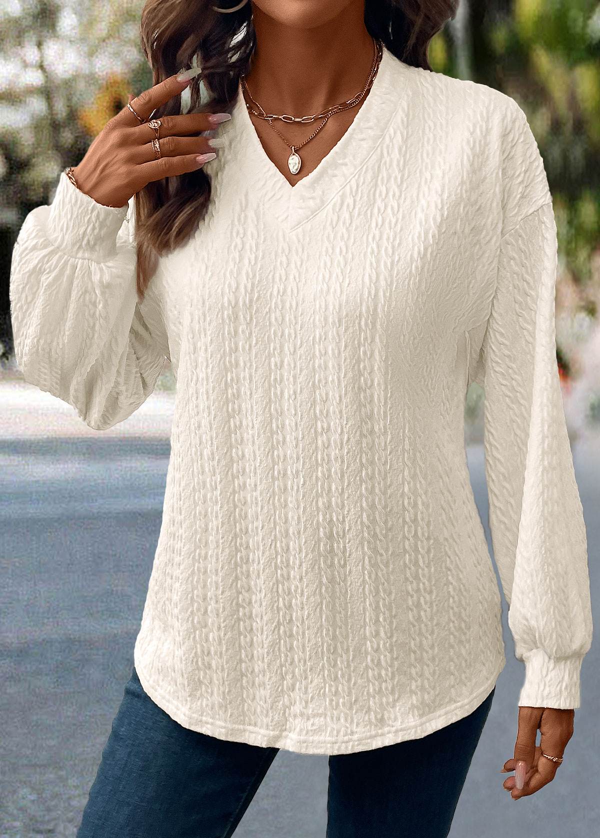 Modlily Beige Jacquard Long Sleeve V Neck T Shirt - L
