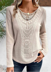 Modlily Beige Lace Long Sleeve Round Neck T Shirt - M