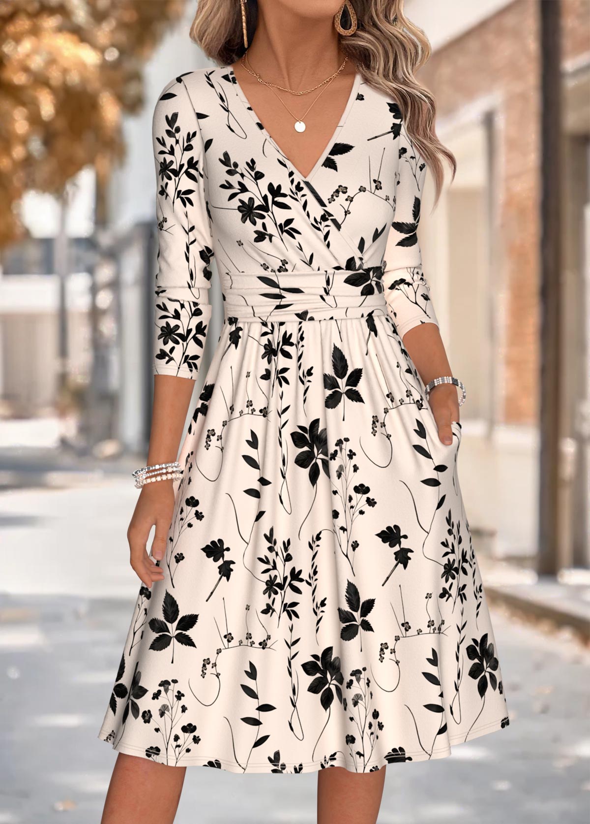 Modlily Beige Leaf Print Shirred Long Sleeve V Neck Dress - S