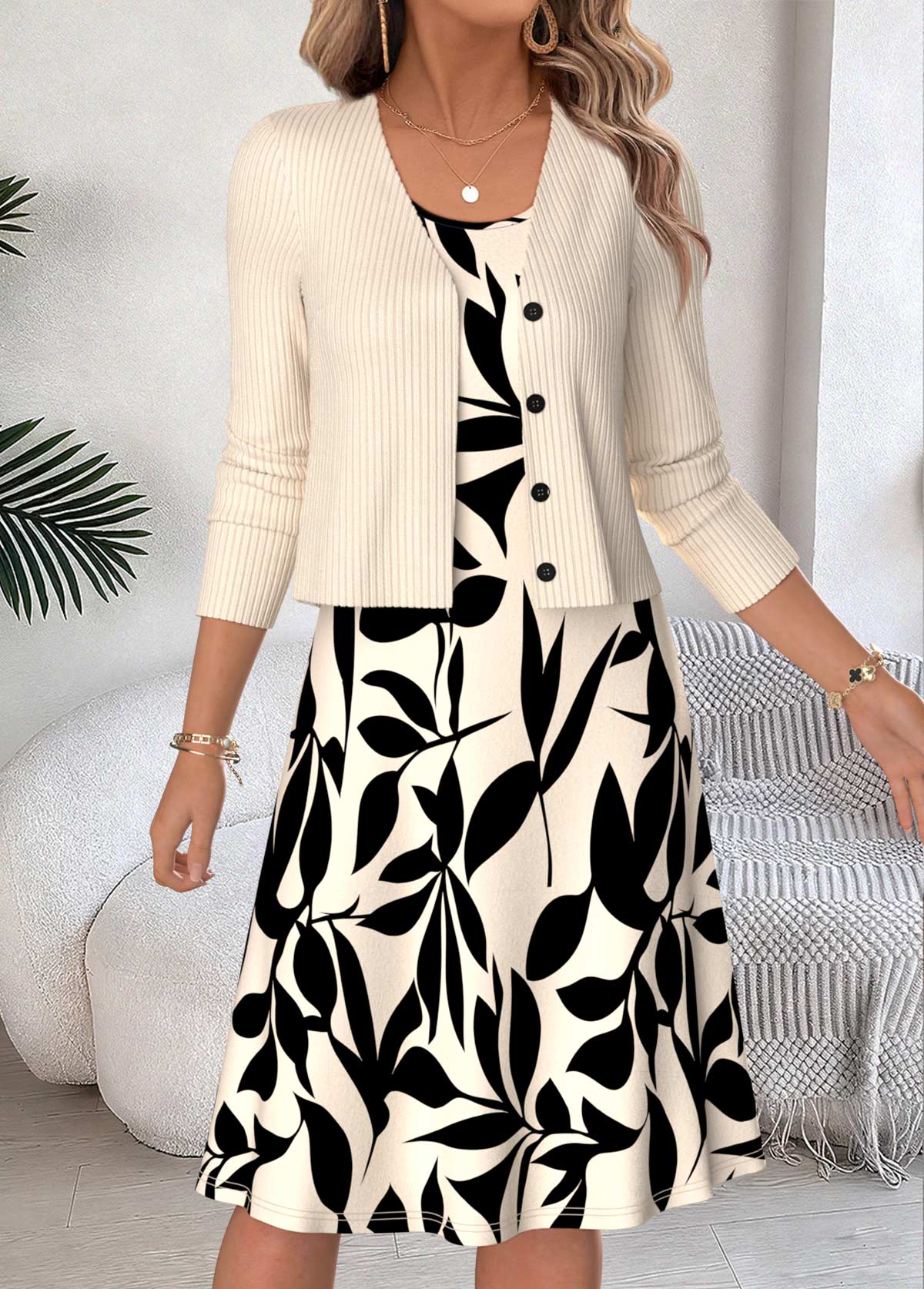 Modlily Beige Leaf Print Two-piece Long Sleeve Dress and Cardigan - M