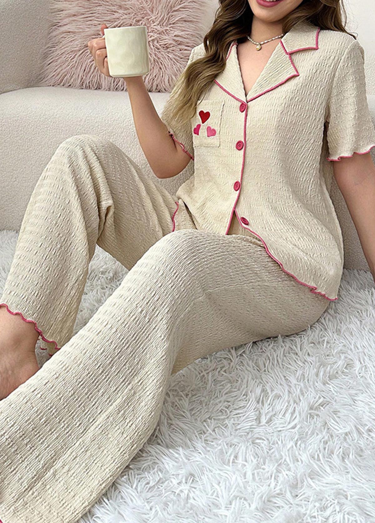Modlily Beige Letter Print Short Sleeve Lounge Top and Pants - S