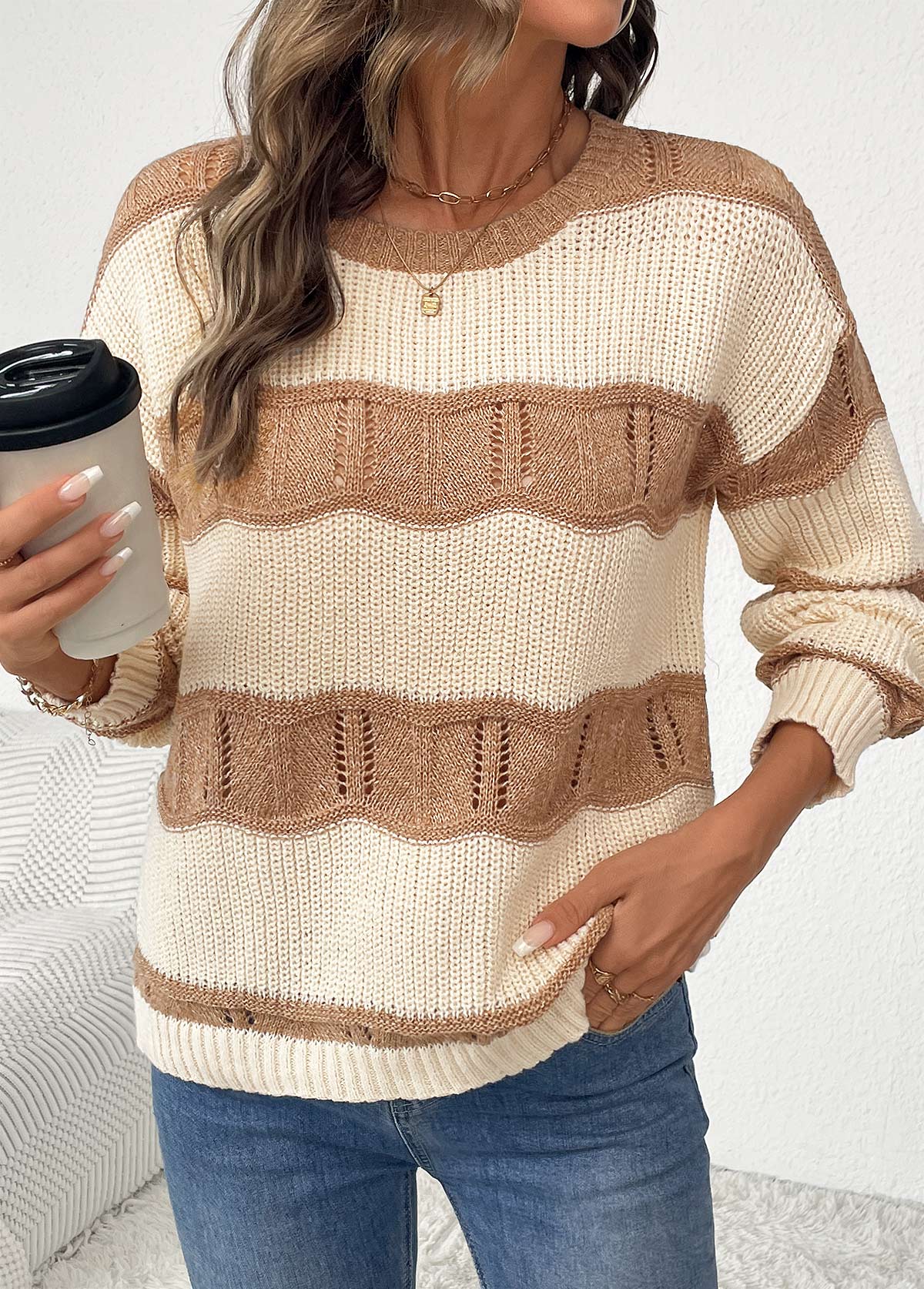Modlily Beige Long Sleeve Round Neck Sweater - S