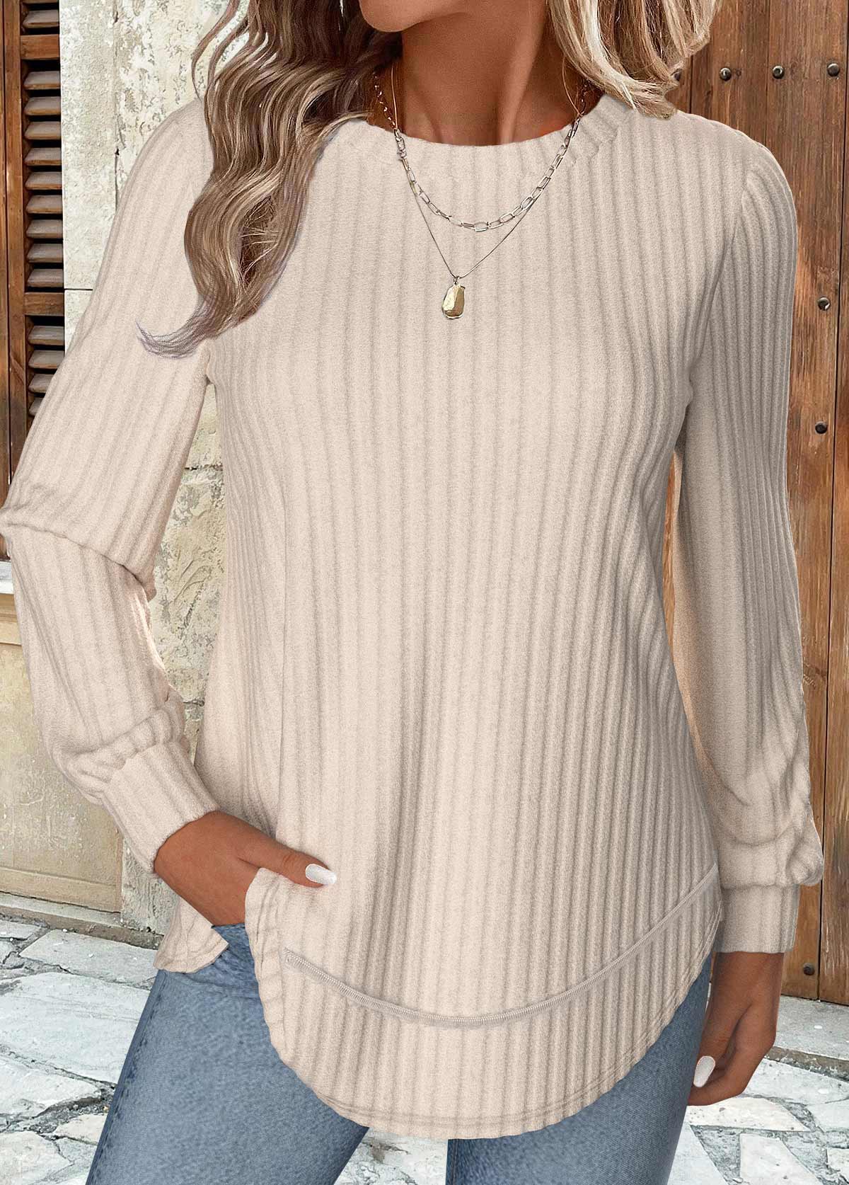 Modlily Beige Long Sleeve Round Neck Sweatshirt - S
