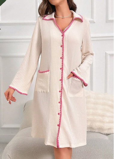 Modlily Beige Long Sleeve Turn Down Collar Nightdress - S