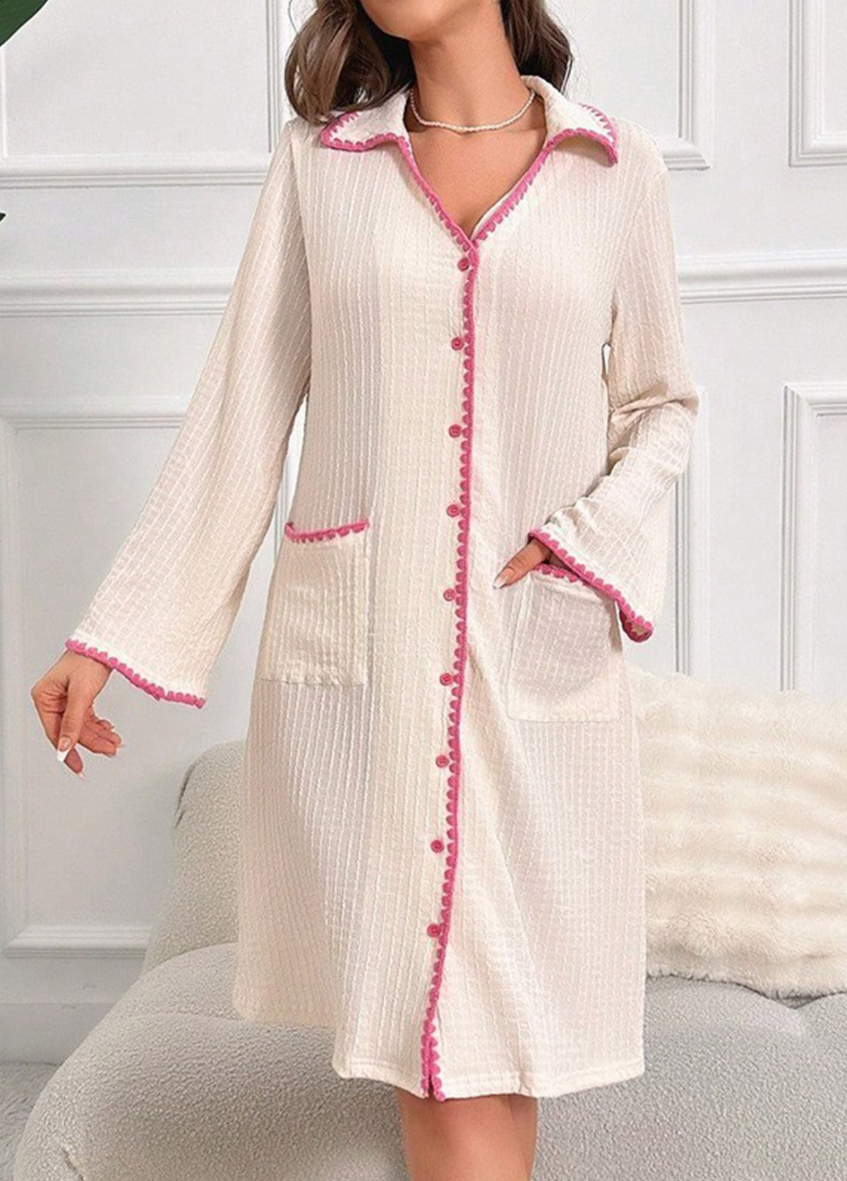 Modlily Beige Long Sleeve Turn Down Collar Nightdress - S