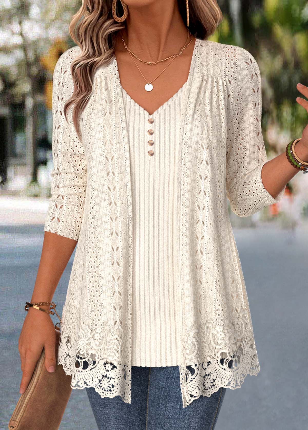Modlily Beige Long Sleeve V Neck Fake Two Piece Twinset - S