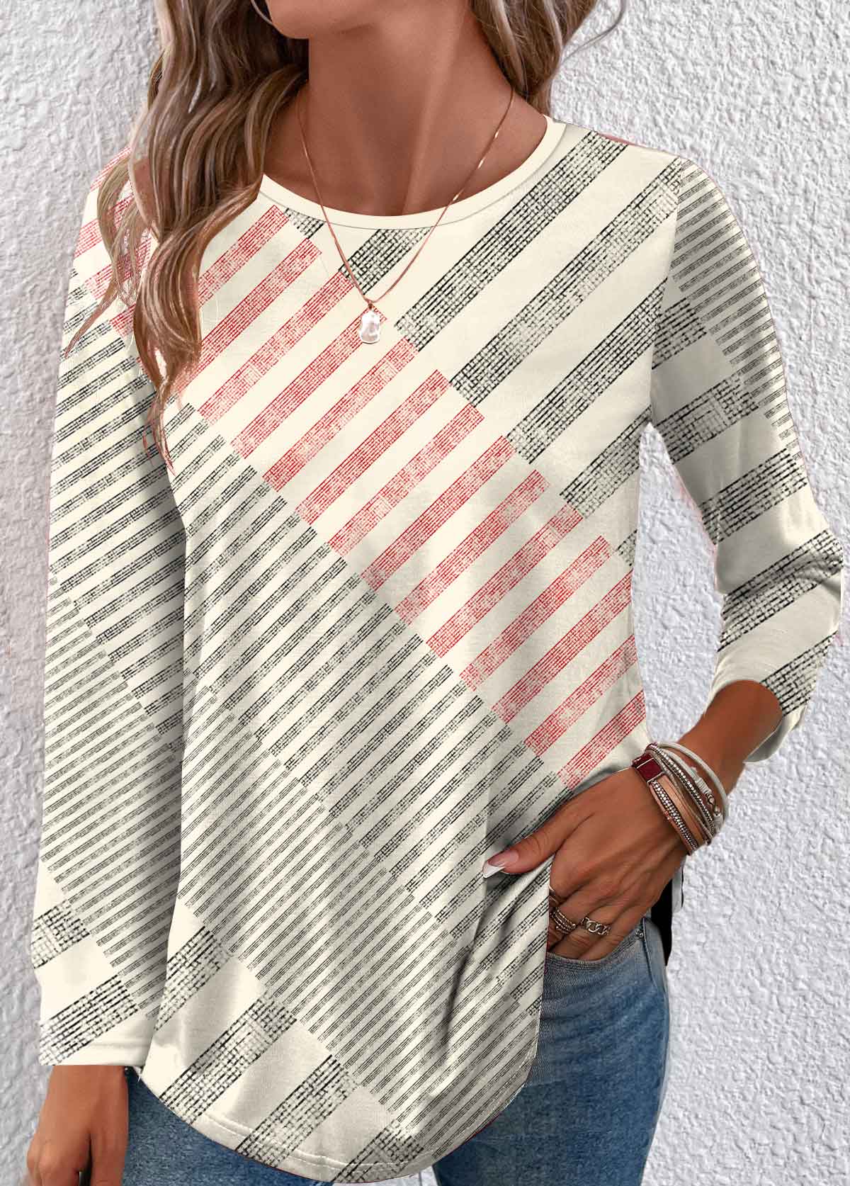 Modlily Beige Patchwork Geometric Long Sleeve Round Neck T Shirt - S