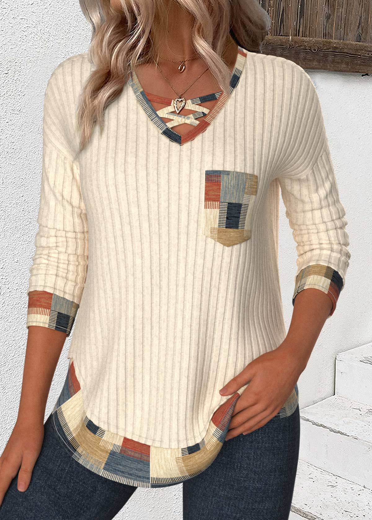 Modlily Beige Patchwork Geometric Long Sleeve V Neck T Shirt - M